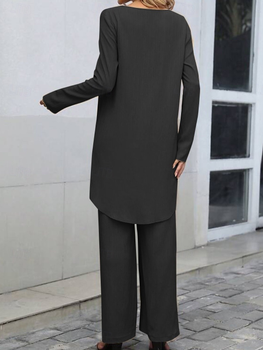 Women's Linen-Inspired Sets Two Piece Sets T Shirt Wide Leg Pants Long Sleeve Solid Color Black Blue Khaki Spring Regular Fit