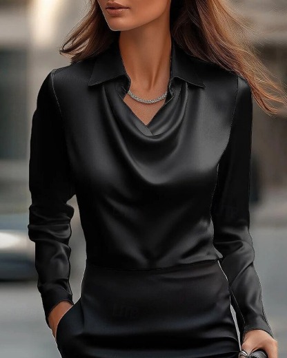 Women's Shirt Blouse Satin Plain Modern Casual Long Sleeve Shirt Collar Regular Elegant Tops Drape Neckline Daily Going out Ruched Loose Fit Black Wine Navy Blue Blue Khaki Fall