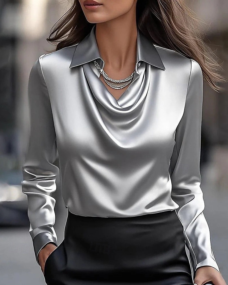 Women's Shirt Blouse Satin Plain Modern Casual Long Sleeve Shirt Colla