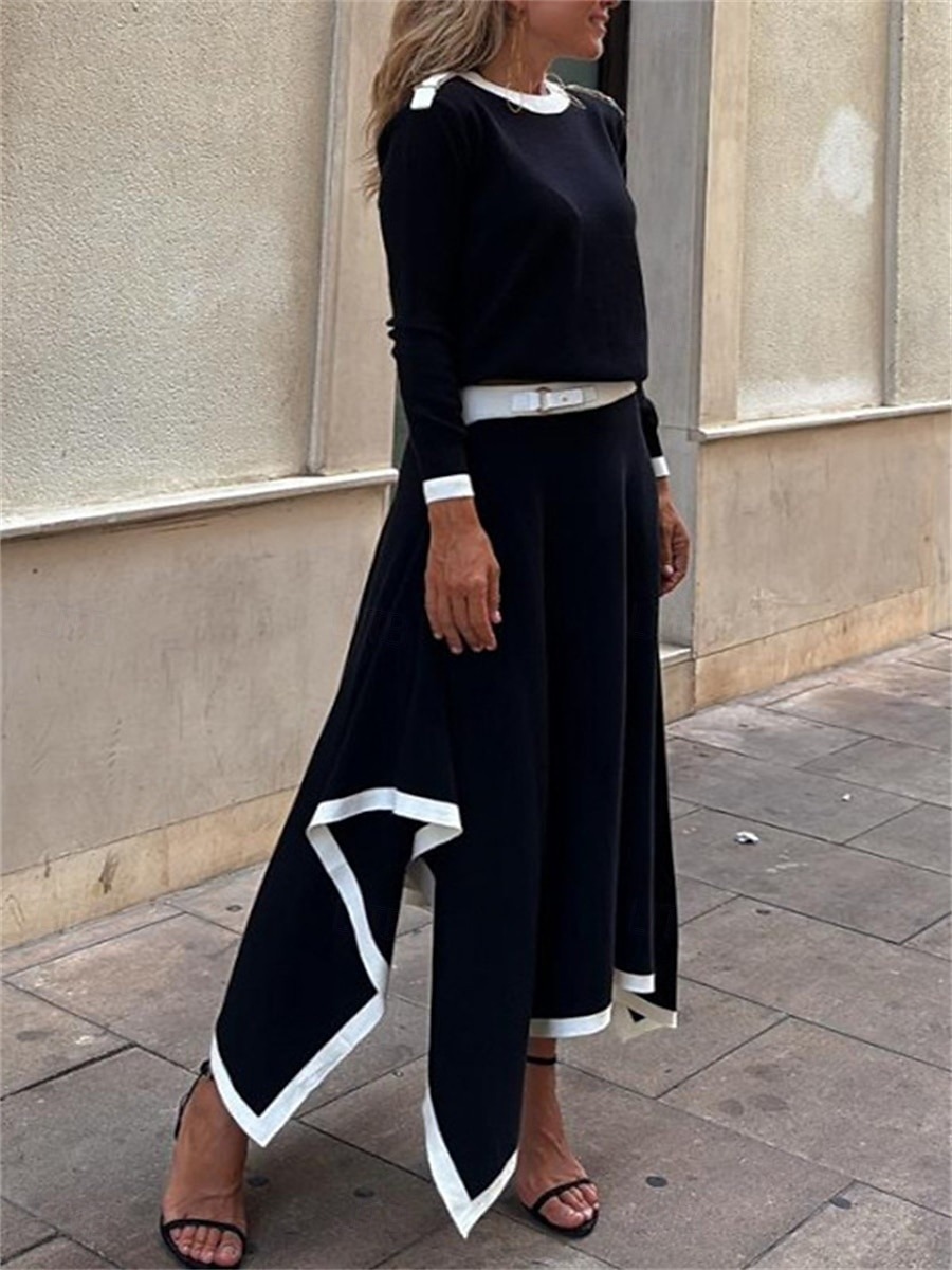 Women's Elegant Fashion Streetwear Blouse Skirt Long Sleeve Crew Neck Solid Color Formal Party Work Black White Brown Spring Loose Fit