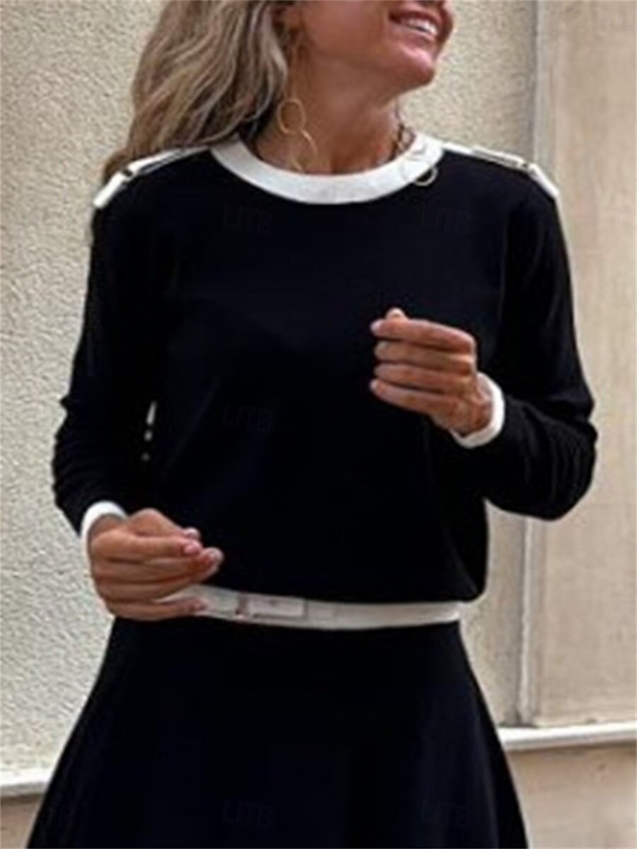 Women's Elegant Fashion Streetwear Blouse Skirt Long Sleeve Crew Neck Solid Color Formal Party Work Black White Brown Spring Loose Fit