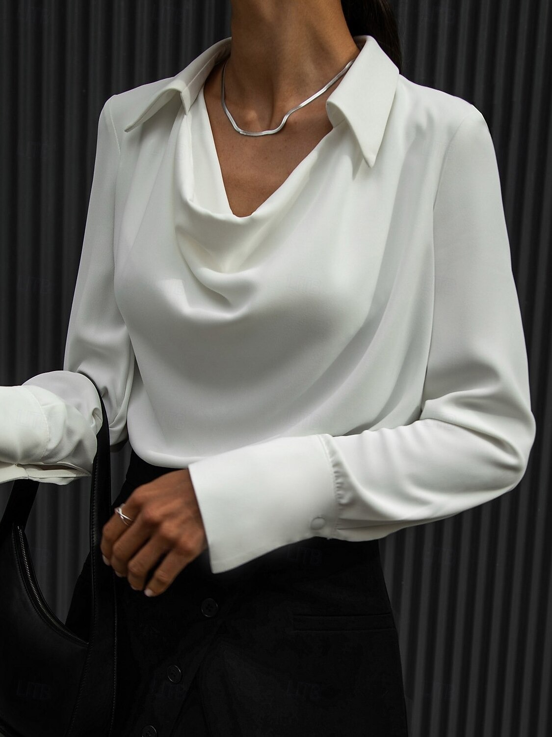 Women's Satin Dressy Elegant Long Sleeve Cowl Neck Blouse White Solid Color Tunic Tops for Office Work White Blue Brown