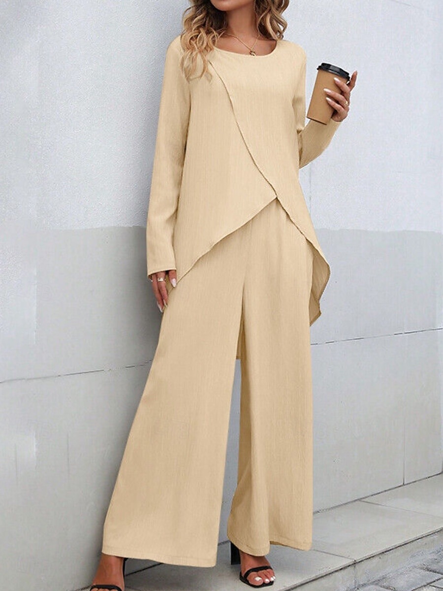 Women's Linen-Inspired Sets Two Piece Sets T Shirt Wide Leg Pants Long Sleeve Solid Color Black Blue Khaki Spring Regular Fit