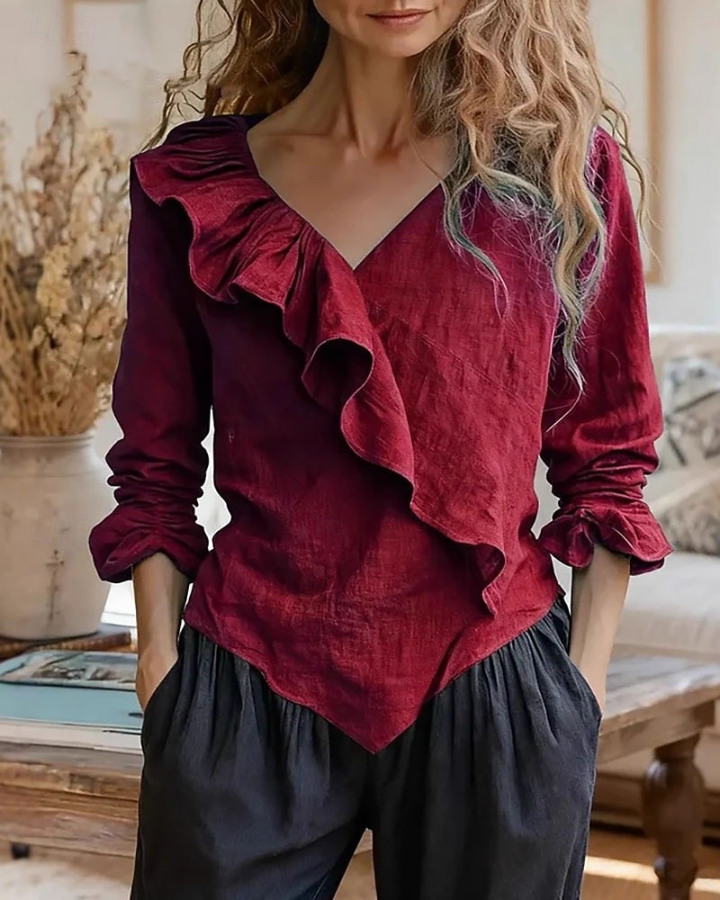 Women's Blouse Plain Vintage Stylish Long Sleeve V Neck Regular Tops Daily Holiday Going out Ruffle Patchwork Black Red Navy Blue Green Khaki Summer Spring Fall