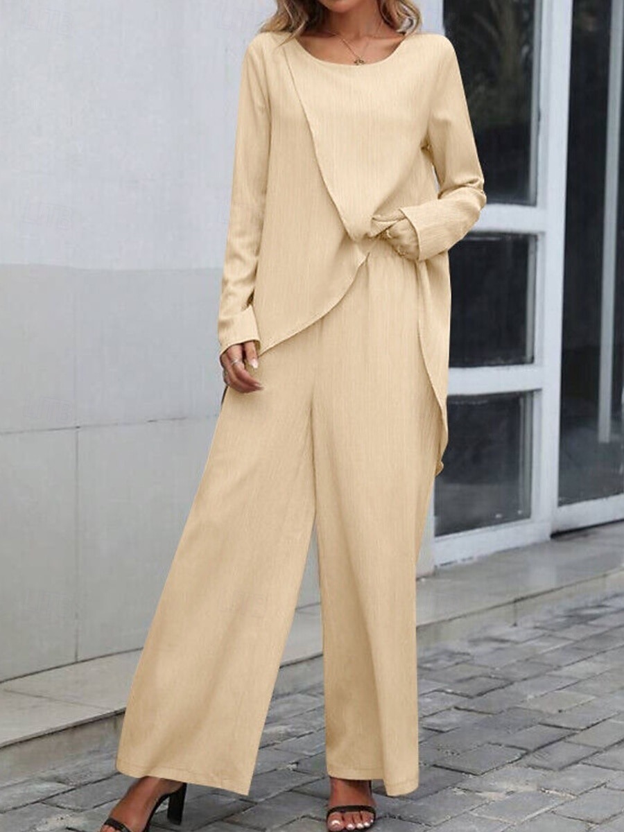Women's Linen-Inspired Sets Two Piece Sets T Shirt Wide Leg Pants Long Sleeve Solid Color Black Blue Khaki Spring Regular Fit