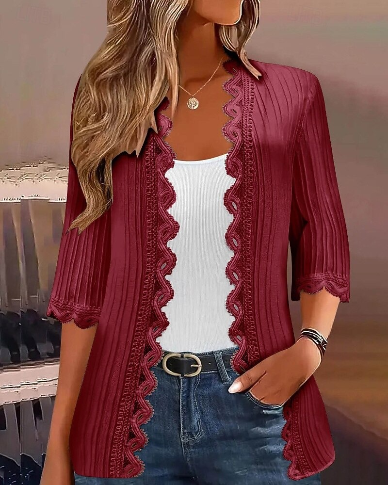 Women's Sweater Cardigan Streetwear Casual Solid Color V Neck Knitted 3/4 Length Sleeve Regular Tops Knit Holiday Going out Weekend Wine Red Black Spring Fall