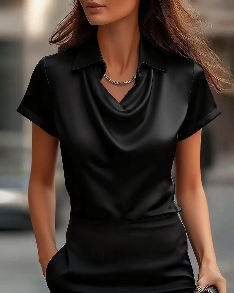 Women's Shirt Elegant Satin Blouse Plain Elegant Stylish Short Sleeve Shirt Collar Regular Tops Daily Holiday Going out Black White Champagne Yellow Wine Summer Spring