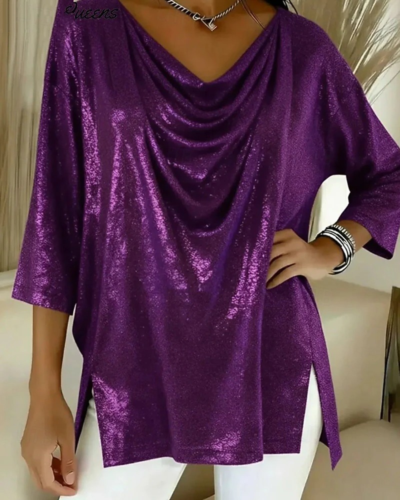 Women's shirt, solid color, vintage and stylish, three-quarter sleeves, V-neck, regular fit top, embellished with sequins.