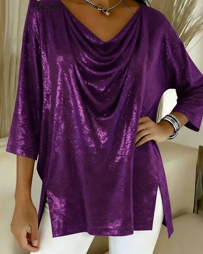 Women's shirt, solid color, vintage and stylish, three-quarter sleeves, V-neck, regular fit top, embellished with sequins.