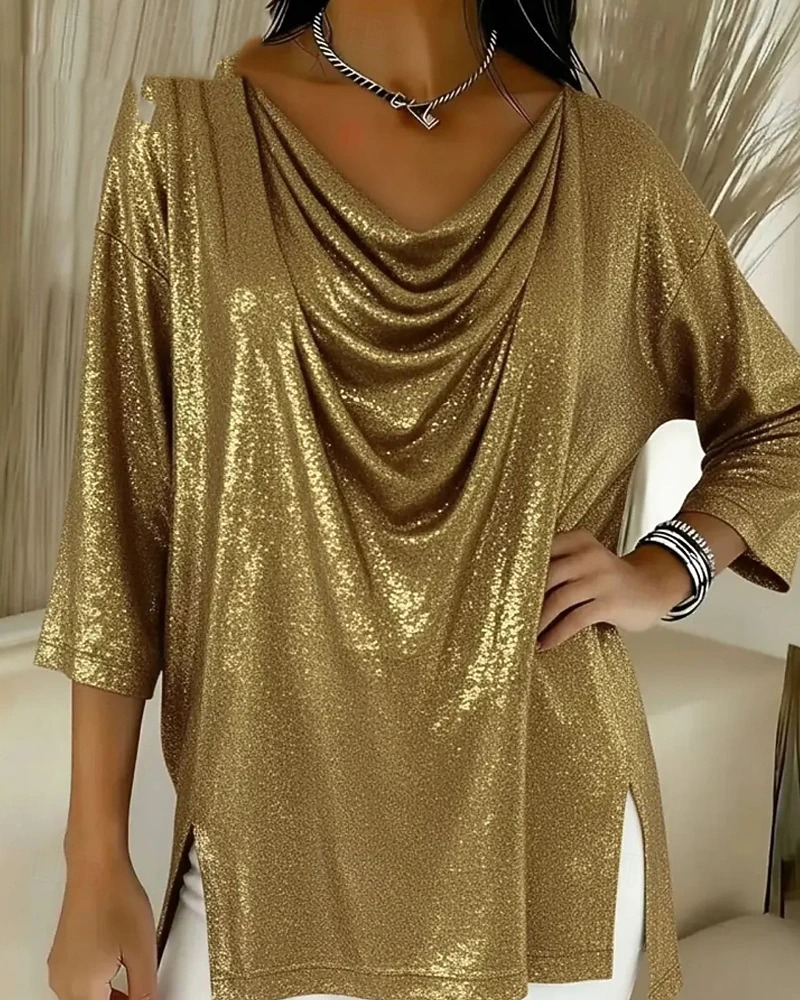 Women's shirt, solid color, vintage and stylish, three-quarter sleeves, V-neck, regular fit top, embellished with sequins.