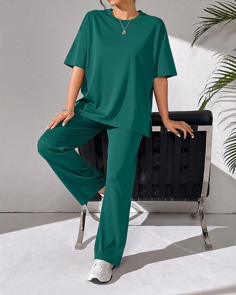 Women's Fashion Streetwear Pants Sets Bolero Top Short Sleeve Crew Neck Solid Color Patchwork Casual Daily Outdoor Blue Red Sky Blue Summer Regular Fit