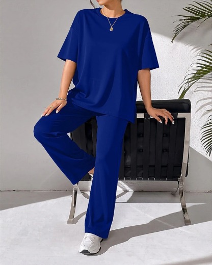 Women's Fashion Streetwear Pants Sets Bolero Top Short Sleeve Crew Neck Solid Color Patchwork Casual Daily Outdoor Blue Red Sky Blue Summer Regular Fit