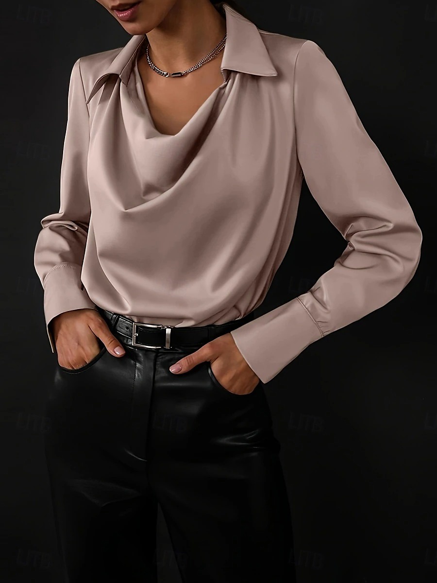 Women's Satin Dressy Elegant Long Sleeve Cowl Neck Blouse White Solid Color Tunic Tops for Office Work White Blue Brown