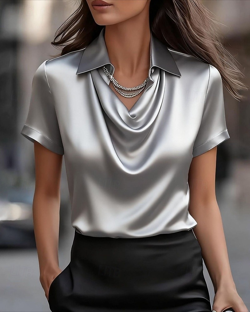 Women's Shirt Elegant Satin Blouse Plain Elegant Stylish Short Sleeve 