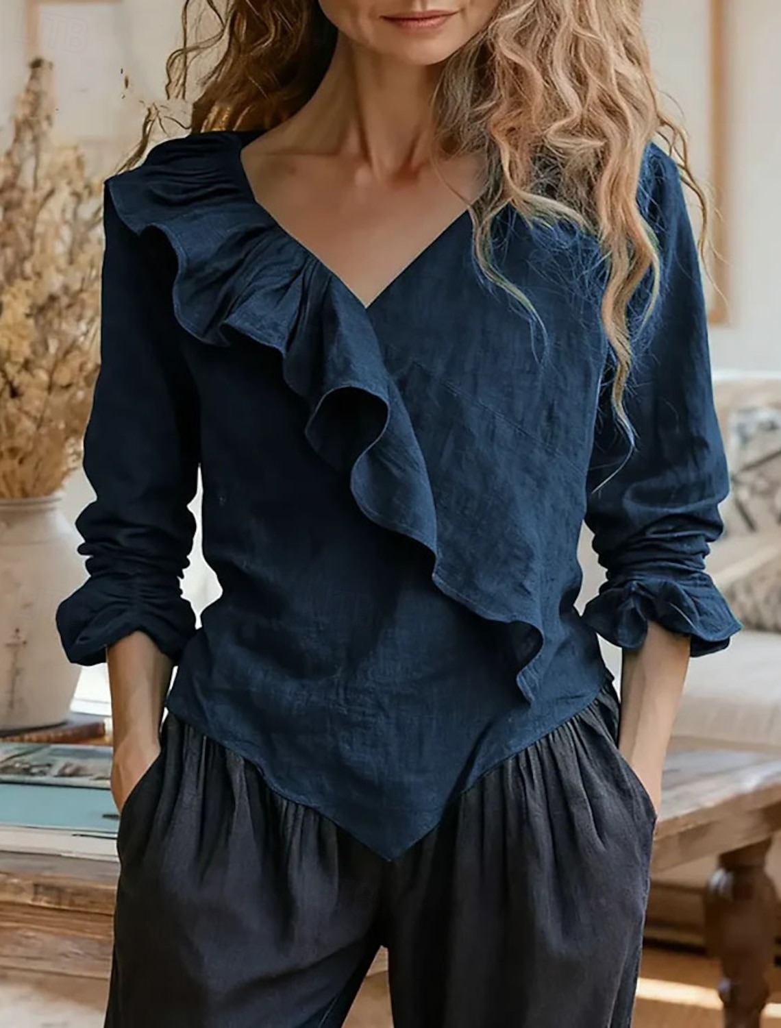 Women's Blouse Plain Vintage Stylish Long Sleeve V Neck Regular Tops Daily Holiday Going out Ruffle Patchwork Black Red Navy Blue Green Khaki Summer Spring Fall