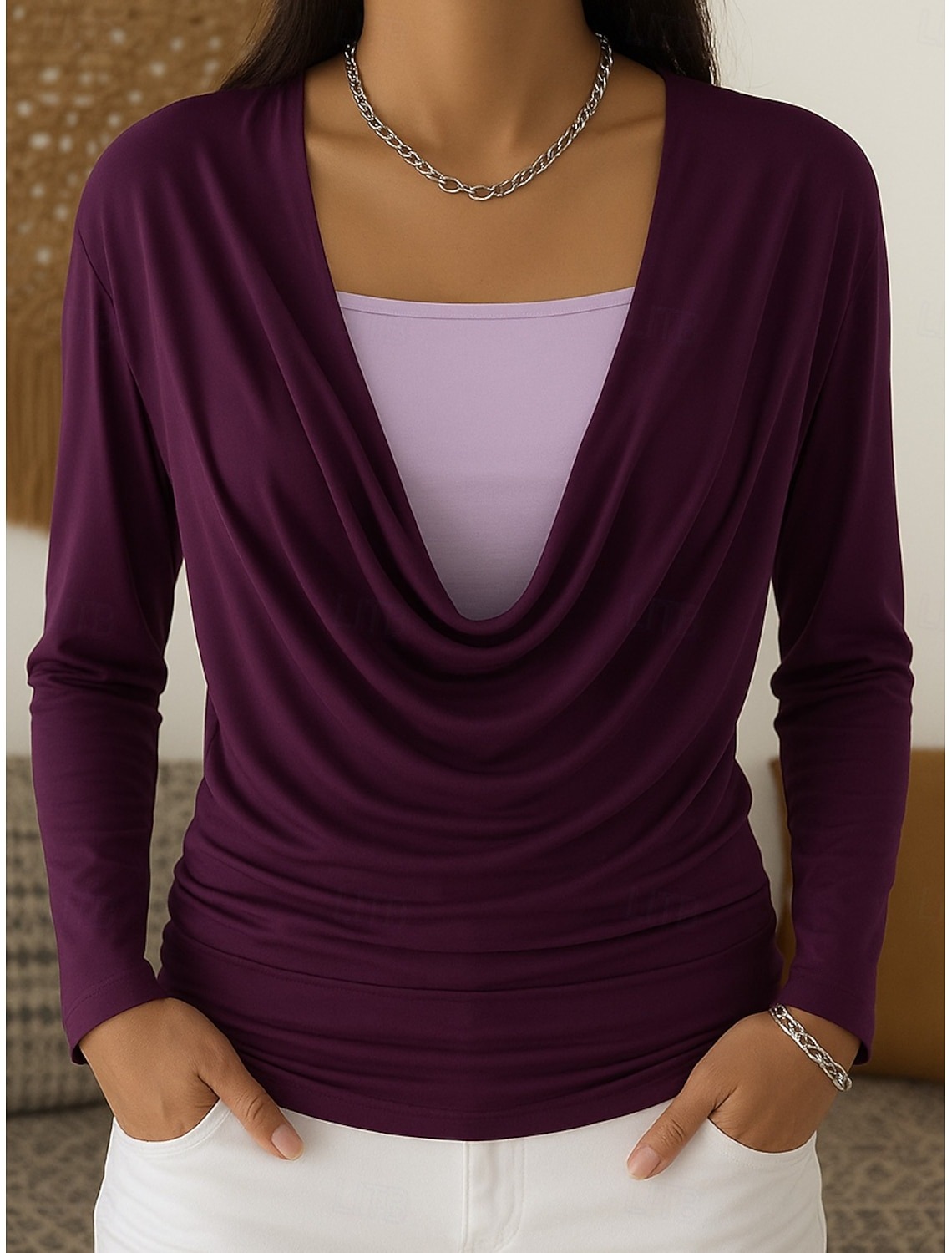 Women's Shirt Elegant Long Sleeve Cowl Neck Regular Tops Daily Holiday Purple Brown Gray Spring Fall Winter