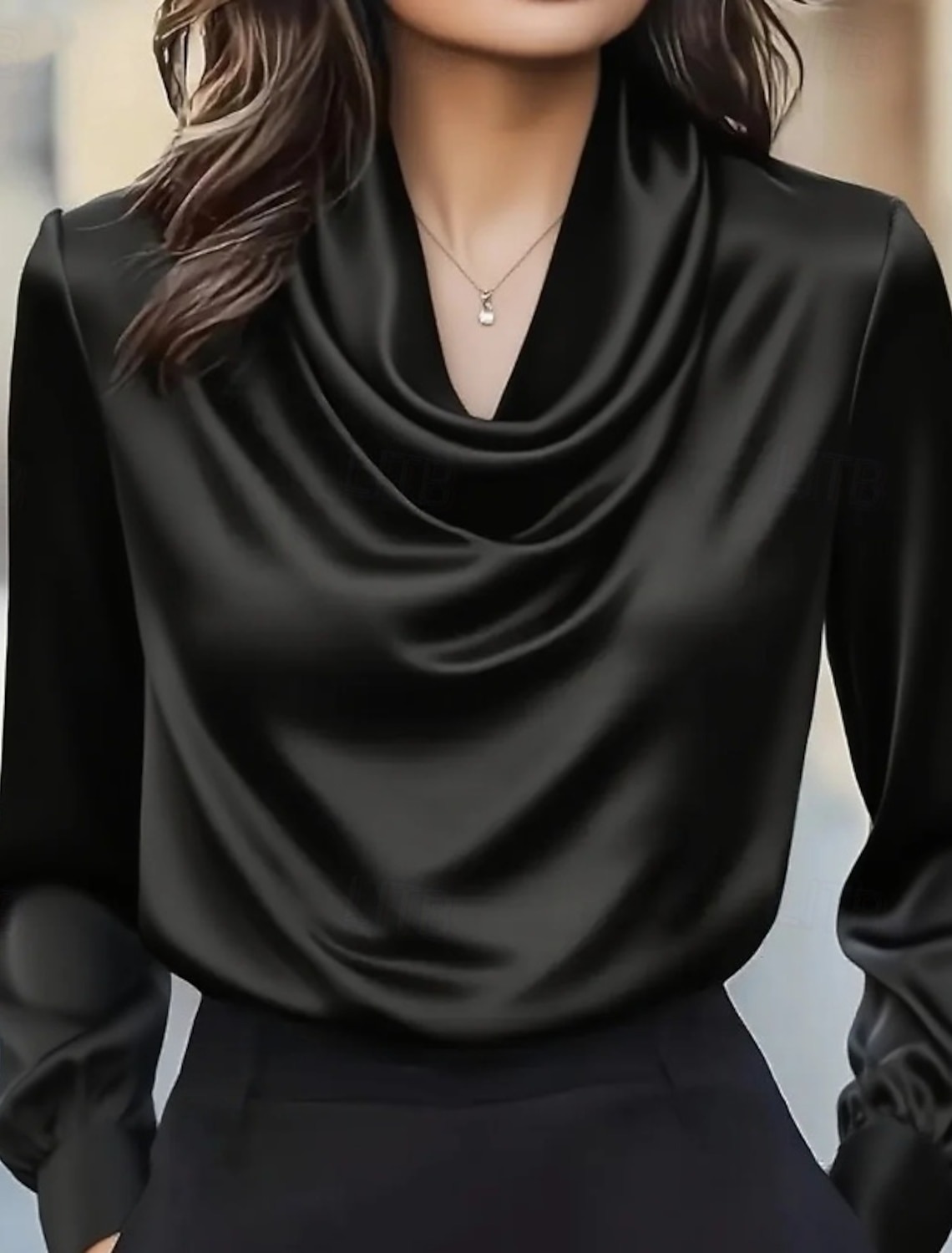 Women's Blouse, Satin Elegant Top, Solid Color Fashionable Everyday Long-Sleeve Cowl Neck Regular Fit Top, Everyday Drape Design
