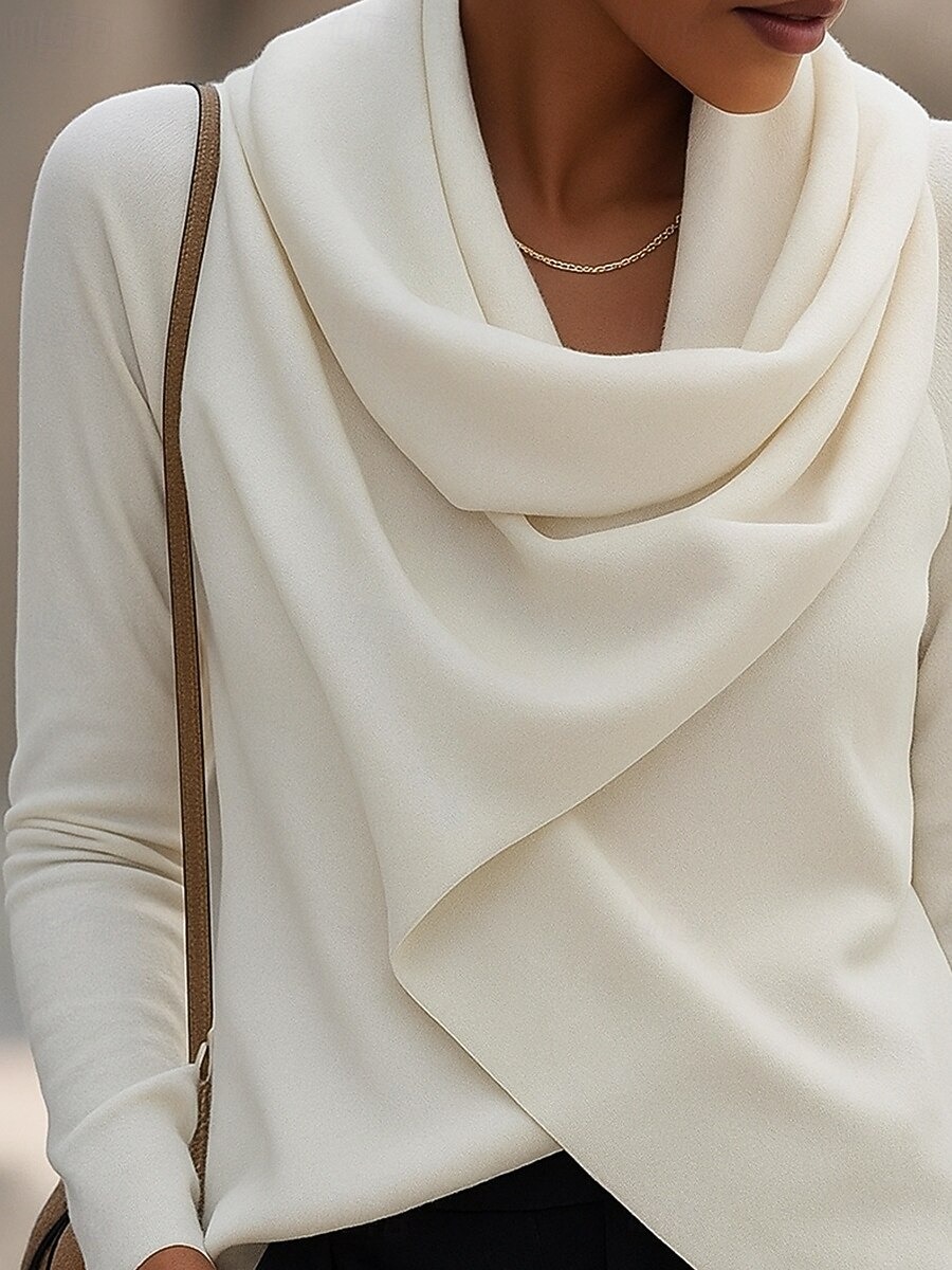 Women's Blouse Solid Color Elegant Stylish Basic Long Sleeve Cowl Neck Regular Tops Daily Ruched White Spring Fall Winter