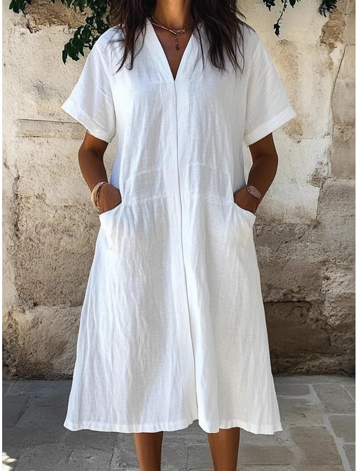 Women's Midi Dress Shift Dress Summer Dress Casual Daily Loose Fit Plain Short Sleeve V Neck Blue White Purple Green Summer Spring