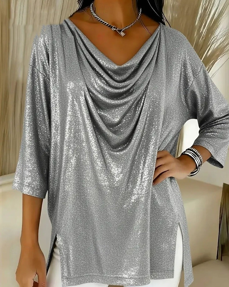 Women's shirt, solid color, vintage and stylish, three-quarter sleeves, V-neck, regular fit top, embellished with sequins.