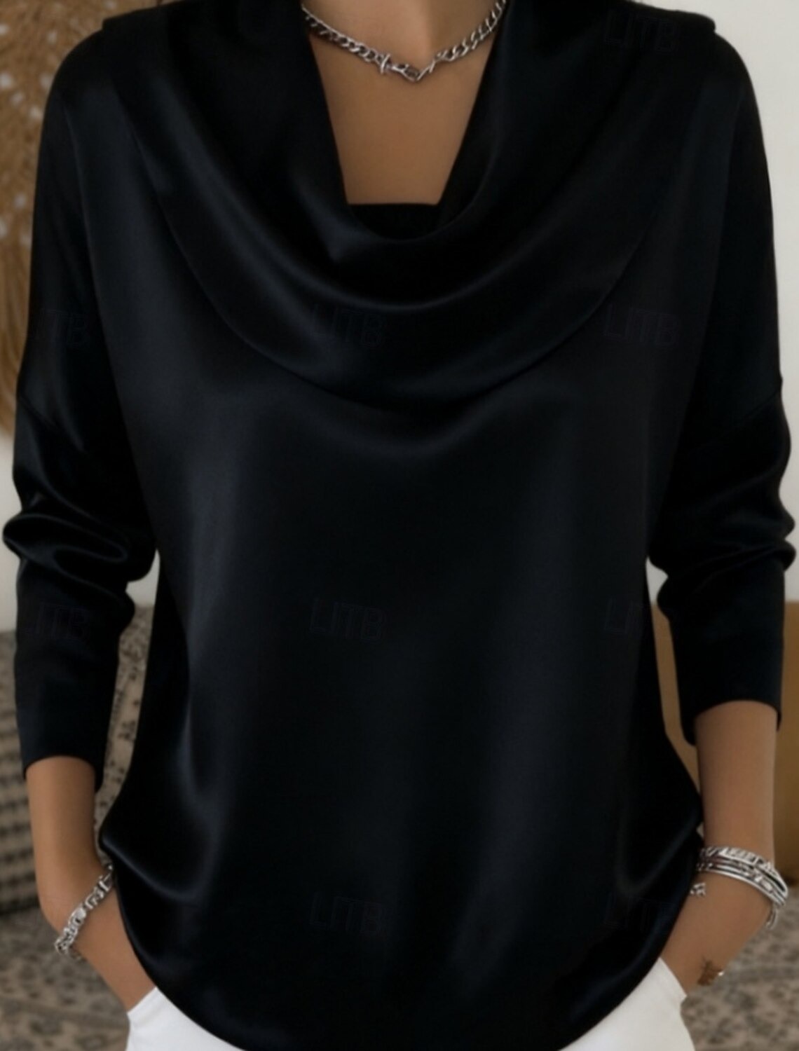 Women's shirt/blouse, solid color, fashionable long-sleeved, high-neck, regular fit top with draped neckline and pleat design.
