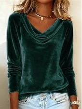 Women's Velvet Elegant Stylish Basic Long Sleeve Cowl Neck Regular Tops Layered Blue Black Wine Gold Green Spring Fall Winter