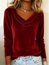 Women's Velvet Elegant Stylish Basic Long Sleeve Cowl Neck Regular Tops Layered Blue Black Wine Gold Green Spring Fall Winter