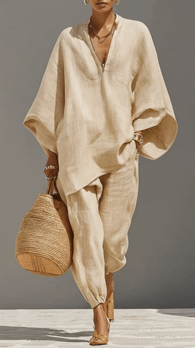 Women's Solid Color V-neck Long Sleeve Casual Loose Cotton Linen Top With Elastic Waist And Wide-leg Pants Set