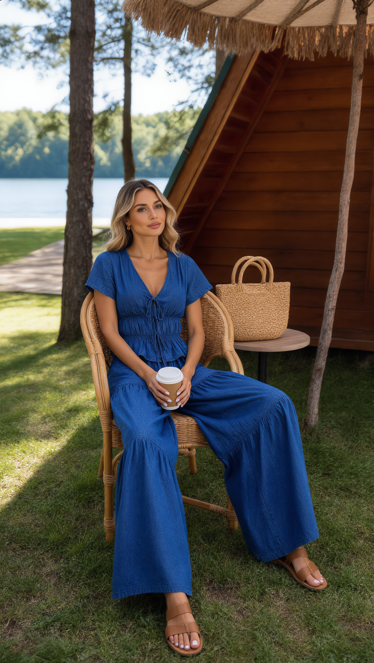 Blue denim matching set women wearing vacation outfit with straw hat casual resort fashion look