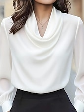 Women's Blouse, Satin Elegant Top, Solid Color Fashionable Everyday Long-Sleeve Cowl Neck Regular Fit Top, Everyday Drape Design
