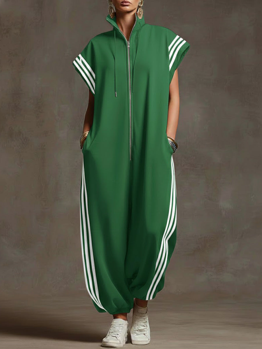 Women's Relaxed Stand-collar Short-sleeved Casual Loose Cotton Wide-leg Jumpsuit