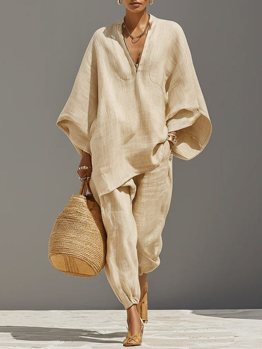 Women's Solid Color V-neck Long Sleeve Casual Loose Cotton Linen Top With Elastic Waist And Wide-leg Pants Set