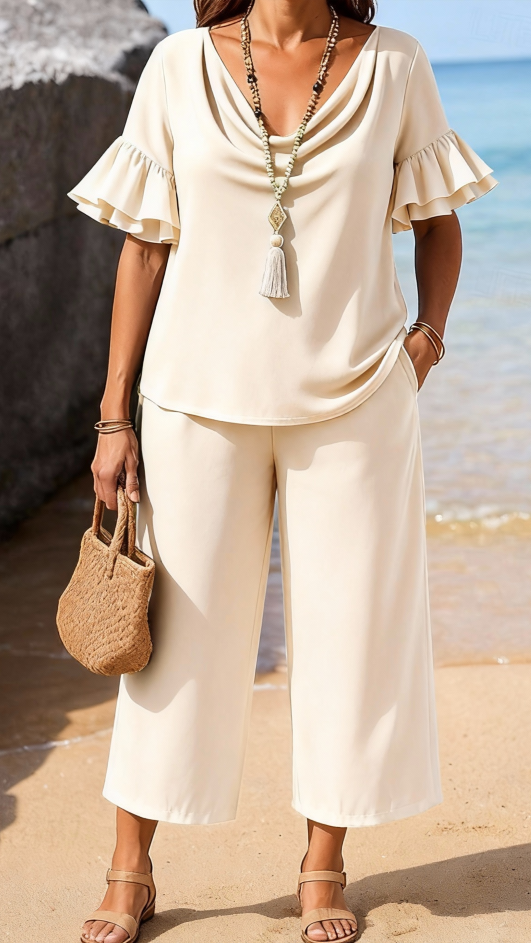 Women's two-piece vacation/leisure set with double-layered ruffled sleeves (pre-order item)