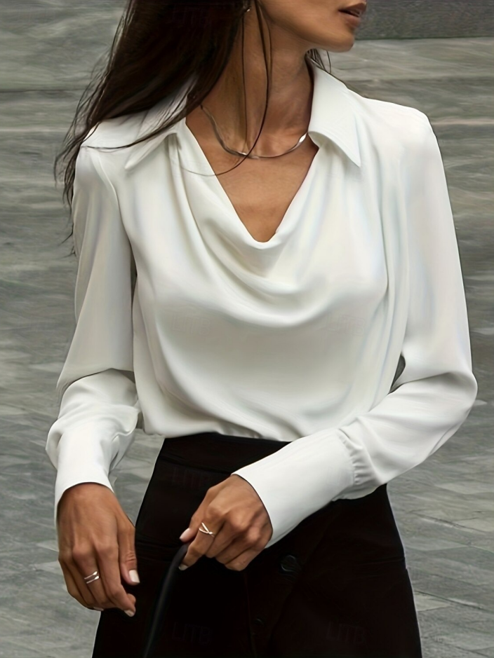 Women's Satin Dressy Elegant Long Sleeve Cowl Neck Blouse White Solid Color Tunic Tops for Office Work White Blue Brown