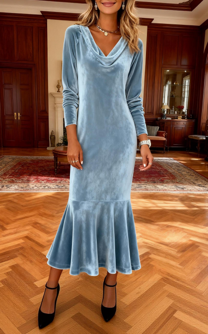 Women's Long Dress Solid Color Elegant Vintage Fashionable Draped Collar Party Style