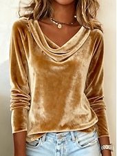 Women's Velvet Elegant Stylish Basic Long Sleeve Cowl Neck Regular Tops Layered Blue Black Wine Gold Green Spring Fall Winter