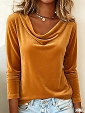 Women's Velvet Elegant Stylish Basic Long Sleeve Cowl Neck Regular Tops Layered Blue Black Wine Gold Green Spring Fall Winter