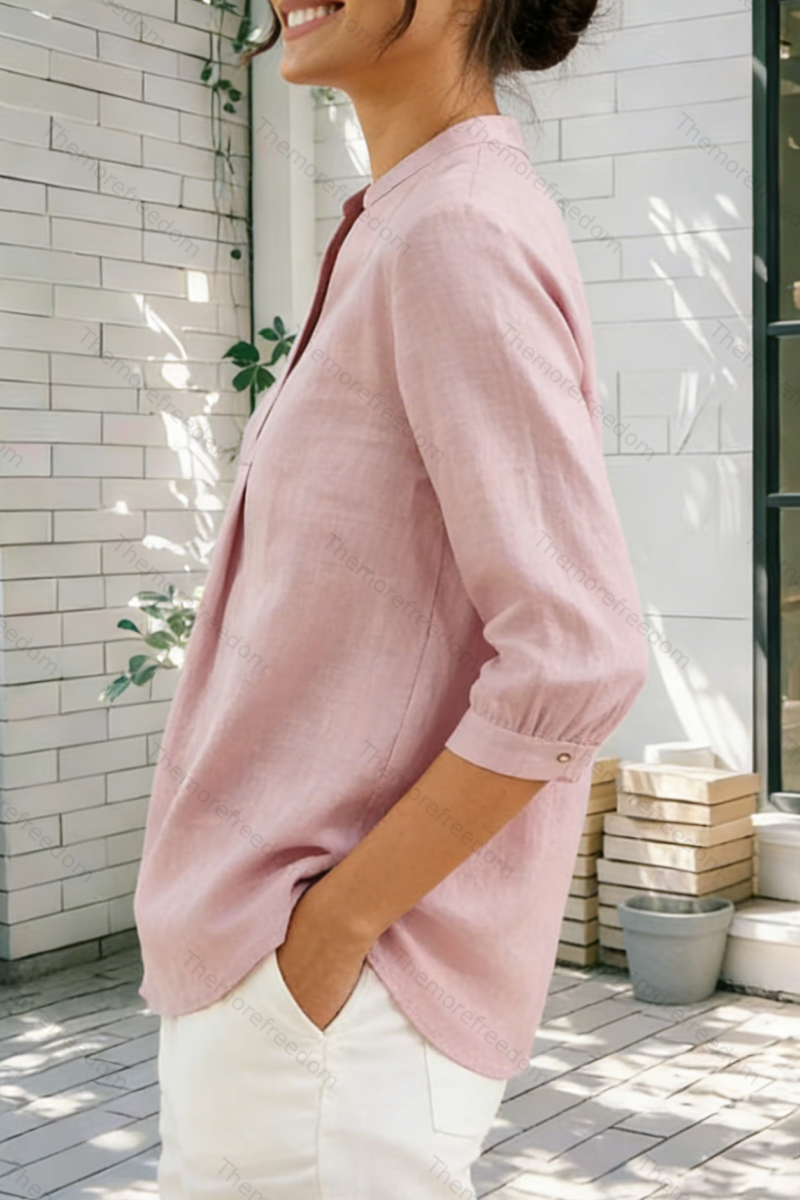 Women's comfortable and casual cotton and linen split-hem V-neck pullover shirt