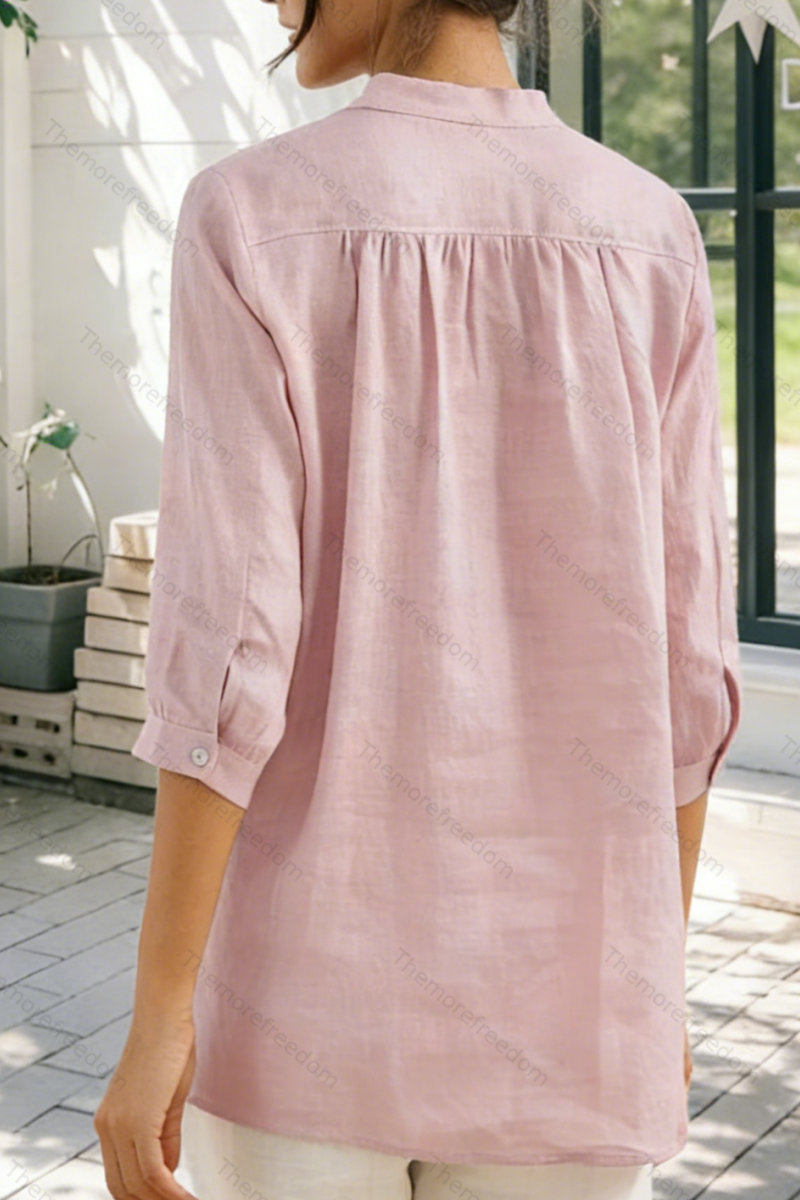 Women's comfortable and casual cotton and linen split-hem V-neck pullover shirt