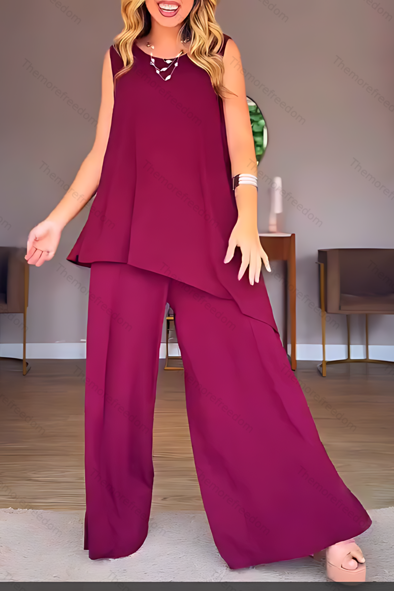 Women's casual vacation round neck sleeveless split two-piece set