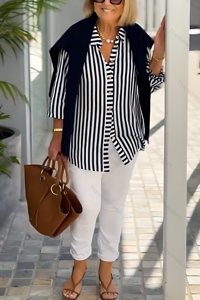 Women's casual loose-fitting striped two-piece set