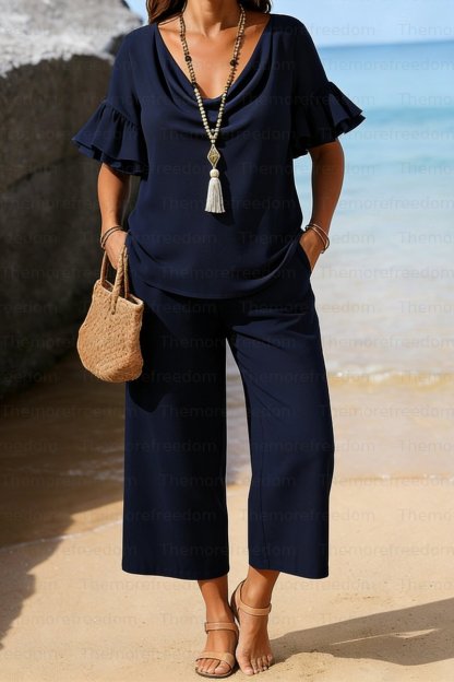 Women's two-piece vacation/leisure set with double-layered ruffled sleeves (pre-order item)
