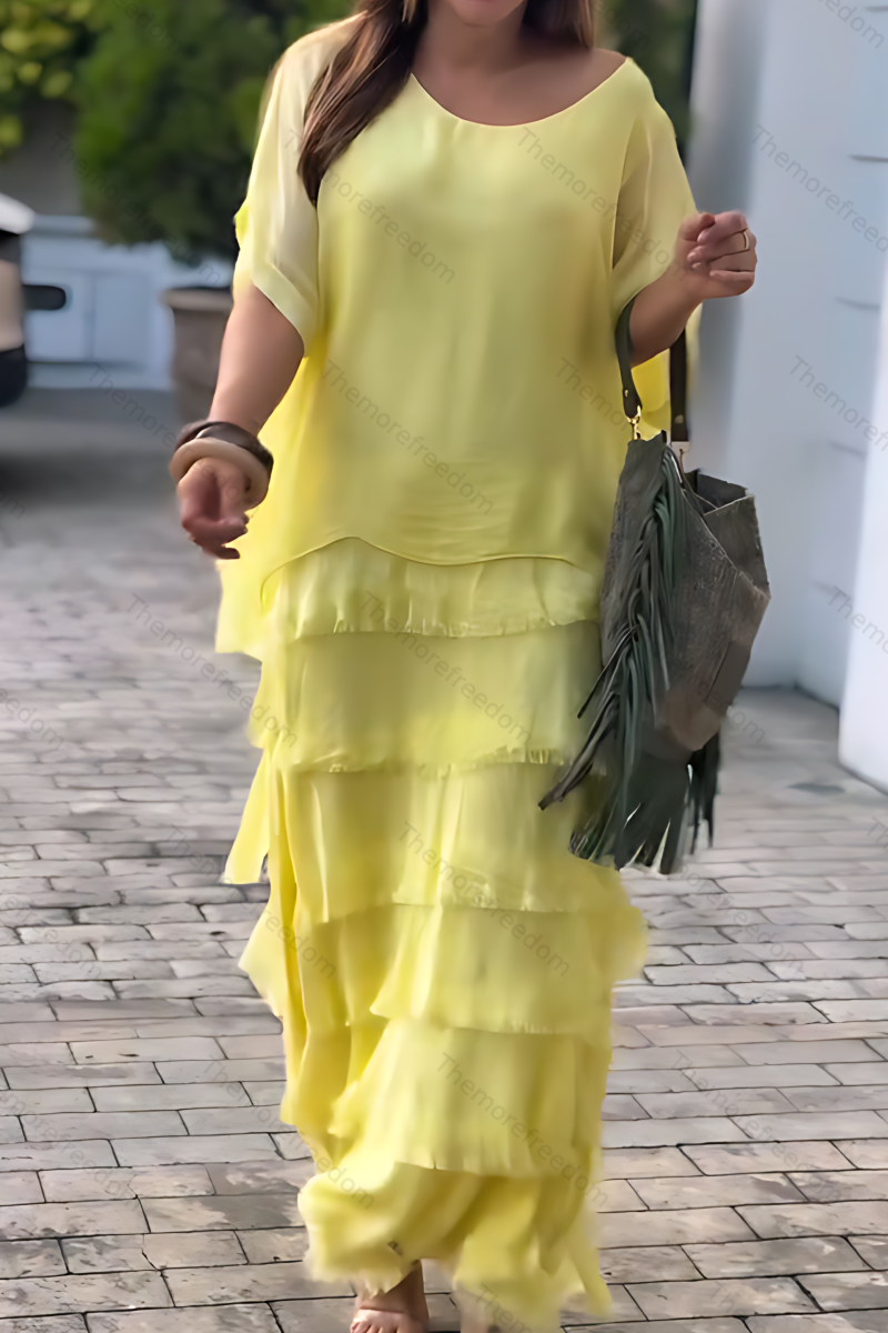 Women's solid color chiffon round neck three-quarter sleeve dress with tassel trim