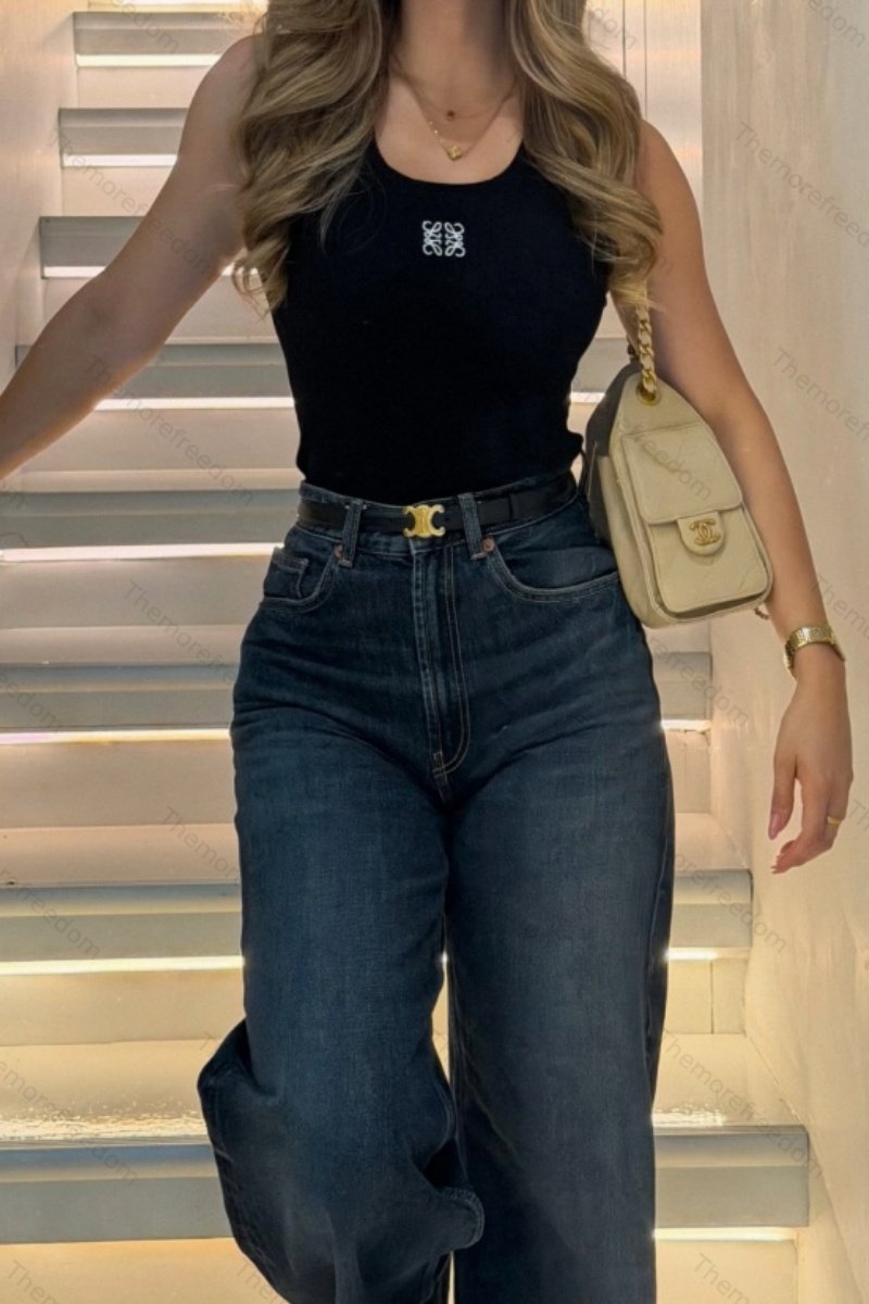 Women's wide-leg denim jeans with a loose waist flattering fit and straight floor-length design