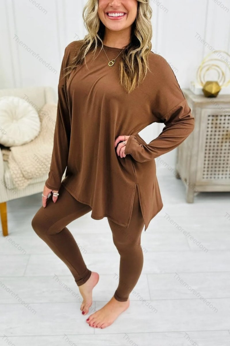 Women's autumn two-piece set, stylish solid color long-sleeved split-hem loungewear set