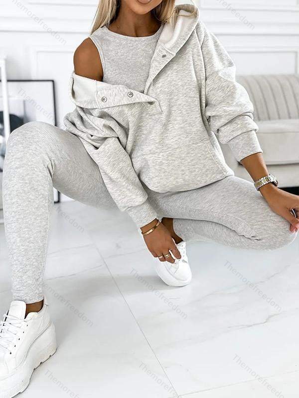 Women's casual sportswear set thickened hooded sweatshirt ribbed slim-fit vest and pants three-piece set