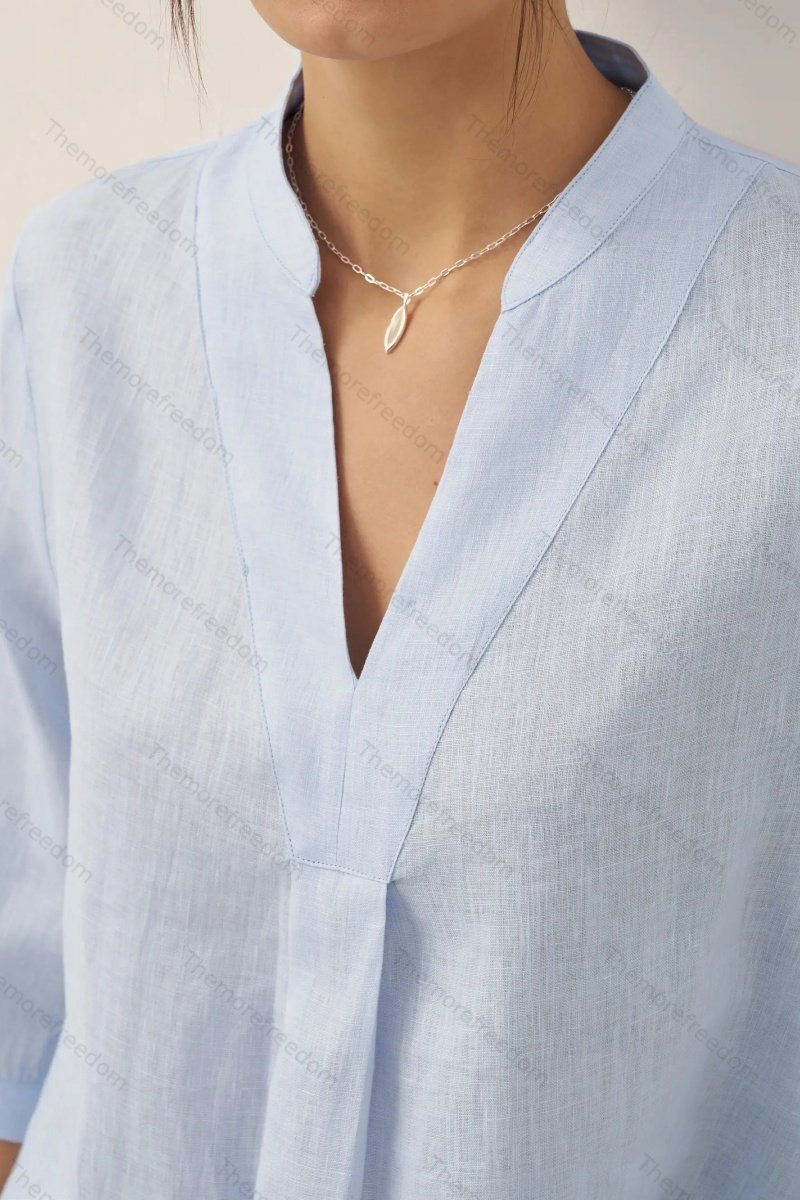 Women's comfortable and casual cotton and linen split-hem V-neck pullover shirt