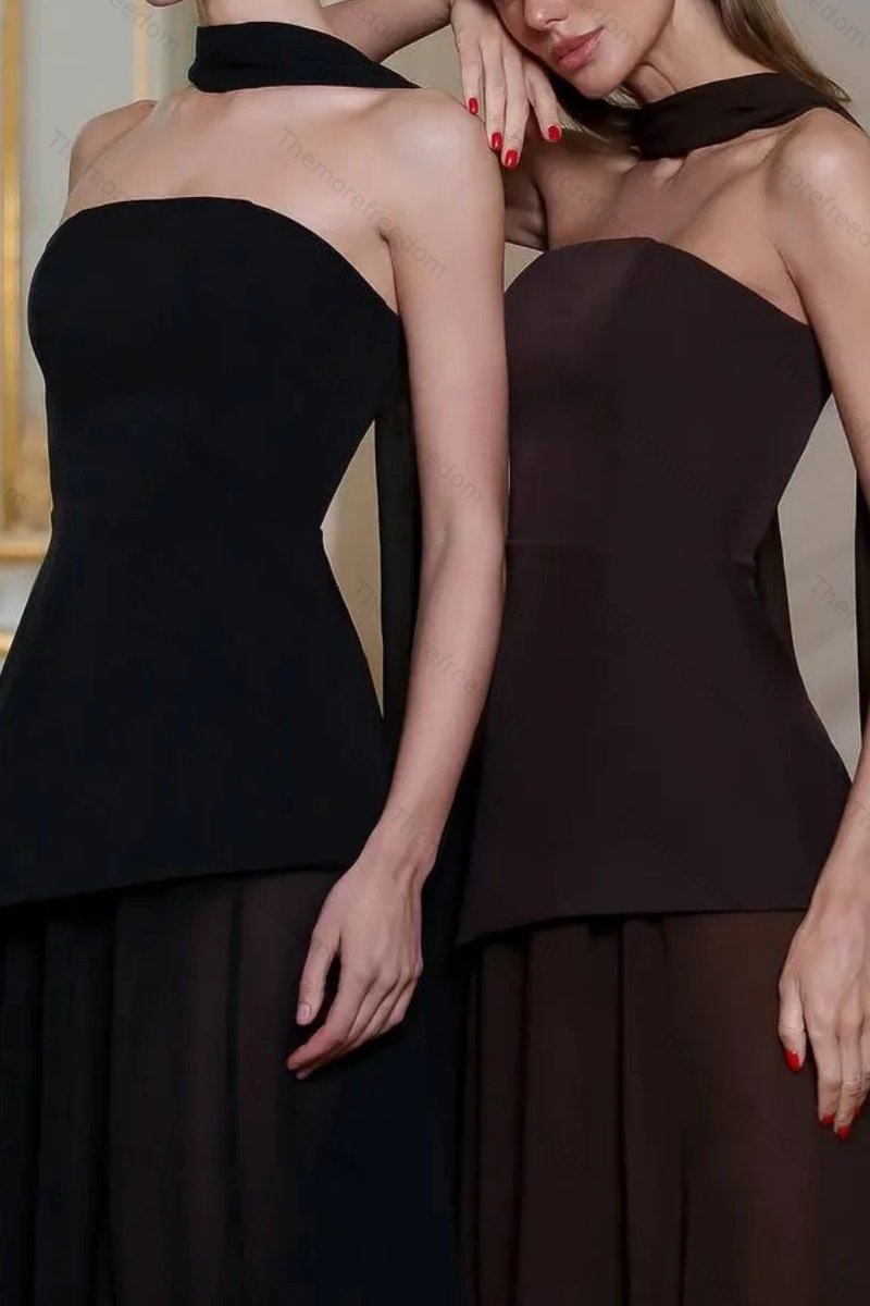 Women's stylish and elegant strapless solid-color mesh panel dress