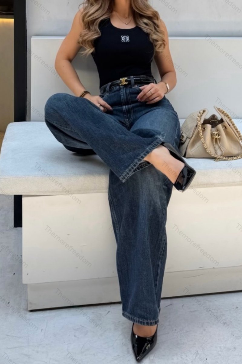 Women's wide-leg denim jeans with a loose waist flattering fit and straight floor-length design