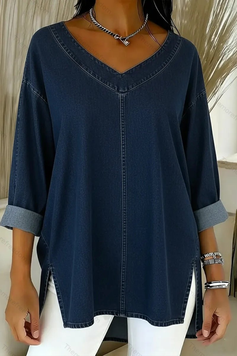 Women's street style denim comfortable casual V-neck top